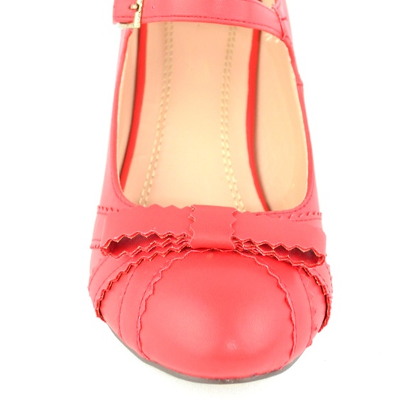 🛍 Women's Vegan Leather Bow Retro Pump Heel Red - Picture 3 of 4